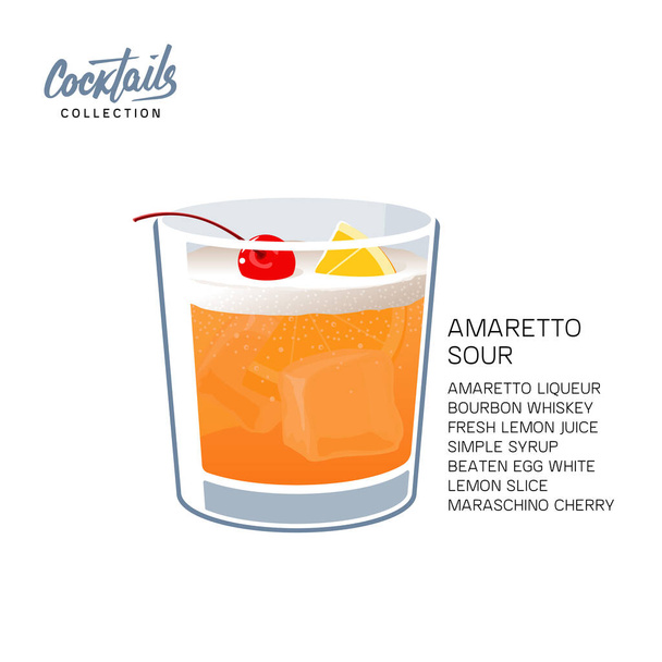 Hand Drawn Colorful Amaretto Sour Summer Cocktail Drink glass with lemon and cherry. Handwritten Cocktail Recipe vector illustration on white - Vector, Image