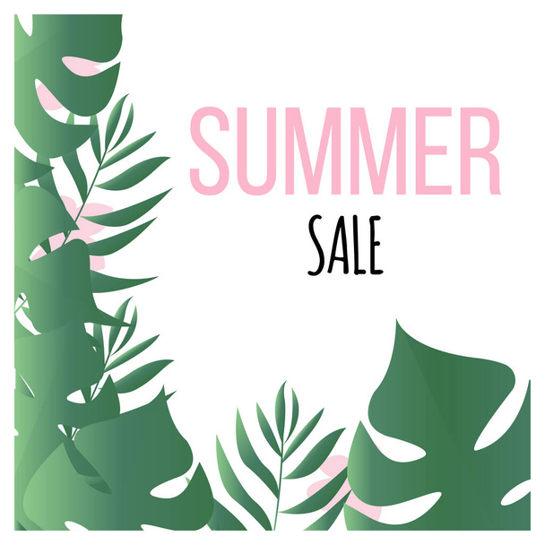 Шаблон плаката летней продажи с зеленым монстром и пальмовыми листьями
 - Вектор,изображение