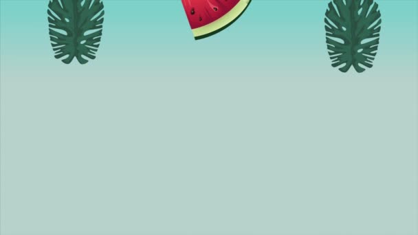 hallo zomer vakantie poster met tropische bladeren en watermeloenen achtergrond - Video