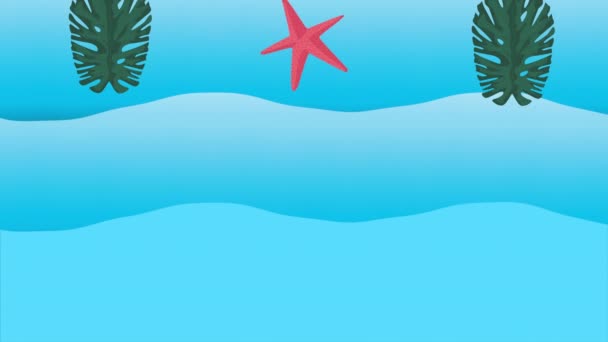 hello summer holiday poster with tropical leafs and starfish pattern - Footage, Video