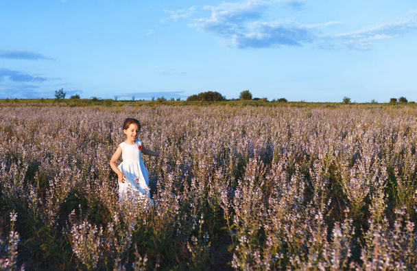 happy girl running in flower field in sunset light - Fotoğraf, Görsel