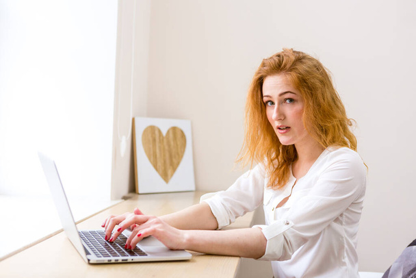 Beautiful young woman using laptop in office, typing, learning, watching webinars, video call, client consultations, distant work. Freelance and management. E commerce, education, Internet technology. - Photo, image