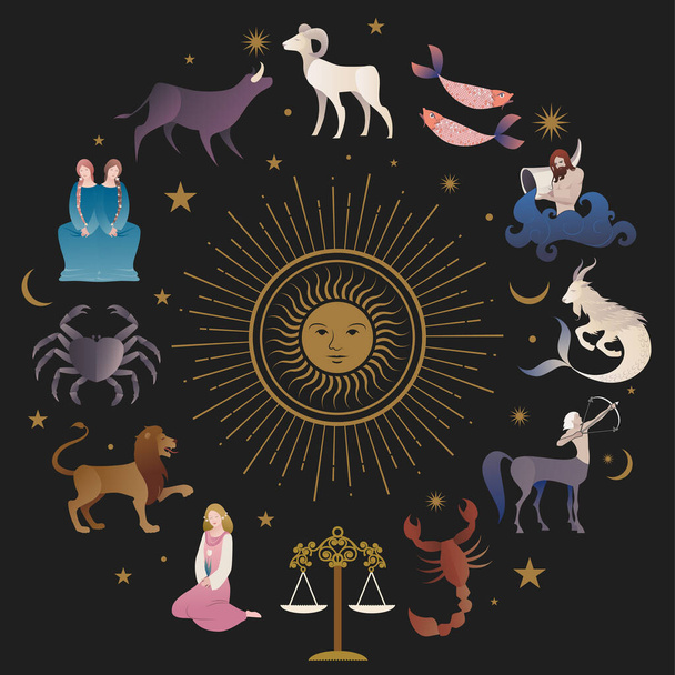 Ilustraciones de colecciones de signos del zodiaco, de estilo medieval, sobre cielo estrellado, sol, luna y estrellas - Vector, Imagen