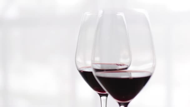 Romantisch drankje voor twee, glaasjes rode wijn binnen bij wijnproeverij, vakantiedrankje en aperitief als achtergrond voor het merk alcohol en sterke drank - Video