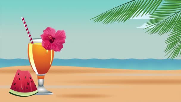 hello summer holiday poster with tropical cocktail and watermelon - Footage, Video