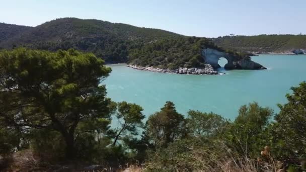 Côte des Pouilles dans le sud de l'Italie mer - L'arche de mer de San Felice près de Vieste dans Gargano point de repère naturel - Séquence, vidéo