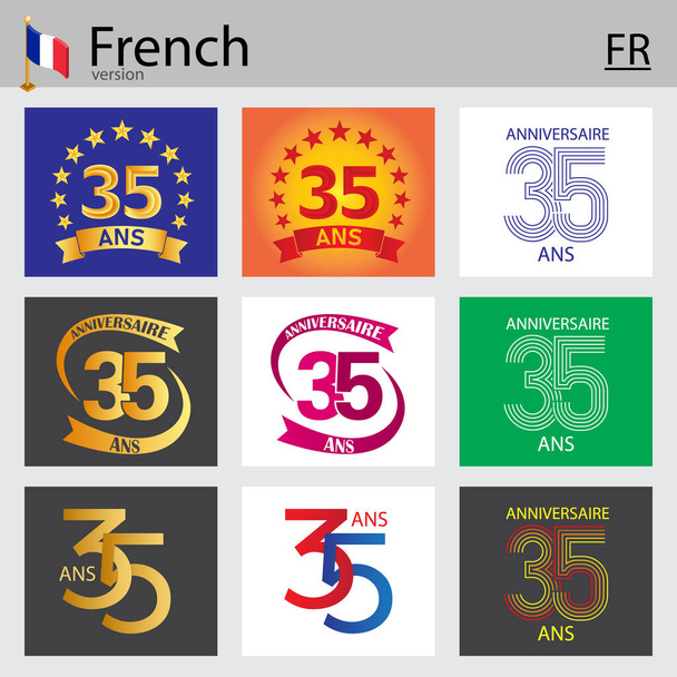 35 yıllık Fransız kutlama dizaynı (35 yıllık). Doğum günü partin için yıldönümü vektör şablonu elemanları - Vektör, Görsel