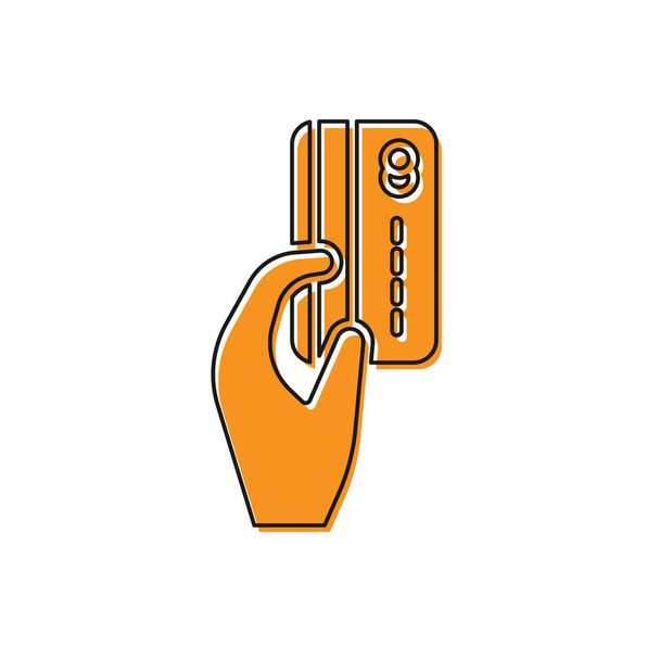 Orange Human sostiene la mano con el icono de la tarjeta de crédito aislado sobre fondo blanco. Pago en línea. Paga con tarjeta. Operaciones financieras. Ilustración vectorial
. - Vector, Imagen