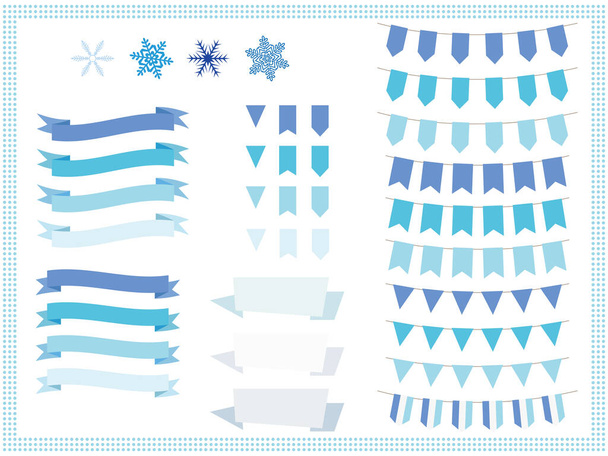 Set of snow icons, ribbons, garland and flags in blue colors. - Διάνυσμα, εικόνα