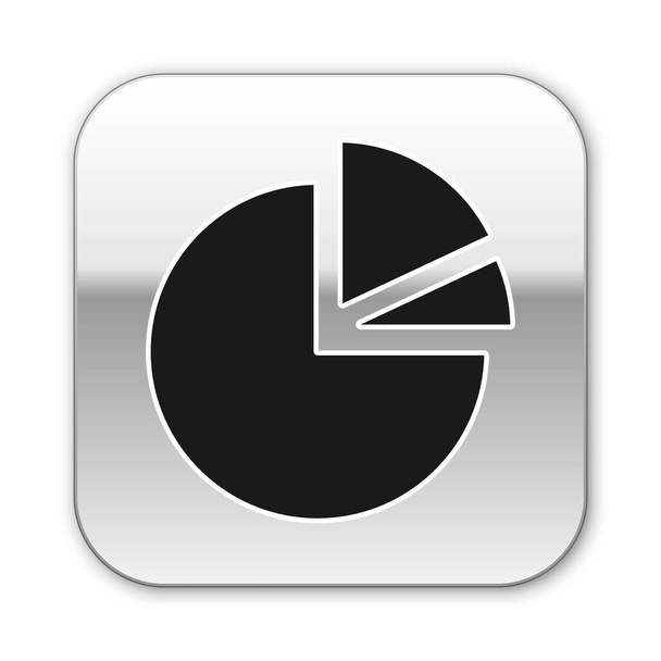 Icono de infografía de gráfico de pastel negro aislado sobre fondo blanco. Signo de diagrama gráfico. Botón cuadrado plateado. Ilustración vectorial. - Vector, imagen