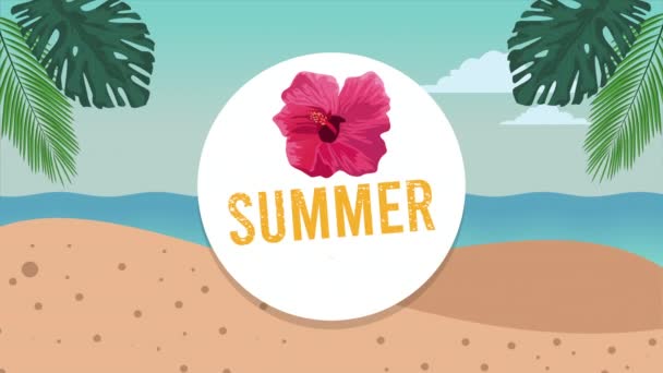 hello summer holiday poster with lettering and tropical flowers - Footage, Video