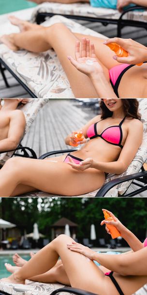 collage of cheerful woman in swimwear applying sunscreen near man  - Fotografie, Obrázek