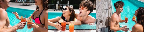 collage of cheerful couple in sunglasses holding cocktails in swimming pool  - Fotoğraf, Görsel
