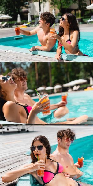 κολάζ του χαρούμενου ζευγαριού σε γυαλιά ηλίου κρατώντας κοκτέιλ στην πισίνα  - Φωτογραφία, εικόνα