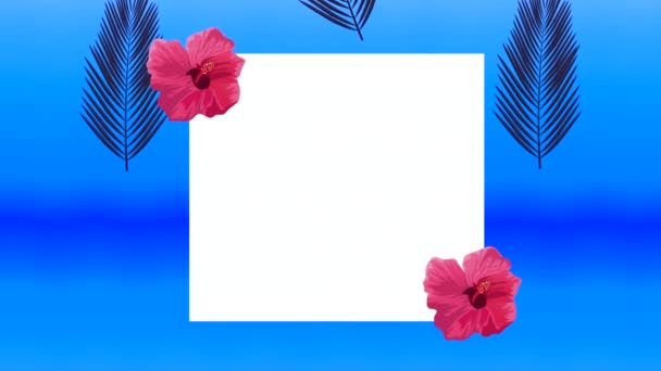 hello summer holiday poster with tropical flowers in square frame - Footage, Video