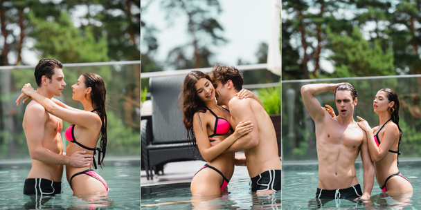 collage of wet woman in swimsuit hugging handsome man in swimming pool  - Photo, Image