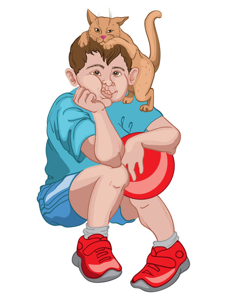 Bored boy in blue t-shirt, shorts and red sneakers holding a ball while his cat is playing on his head - Vector, imagen