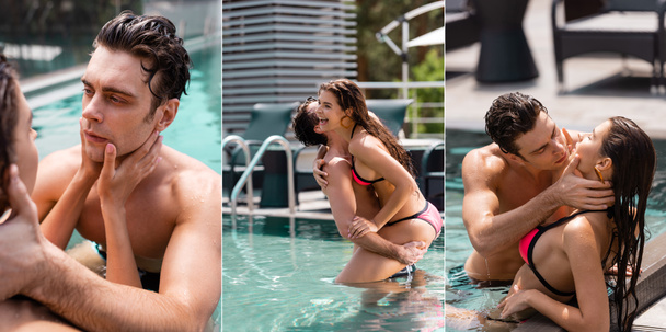 collage of muscular man touching and holding in arms sexy woman laughing in swimming pool  - Photo, Image