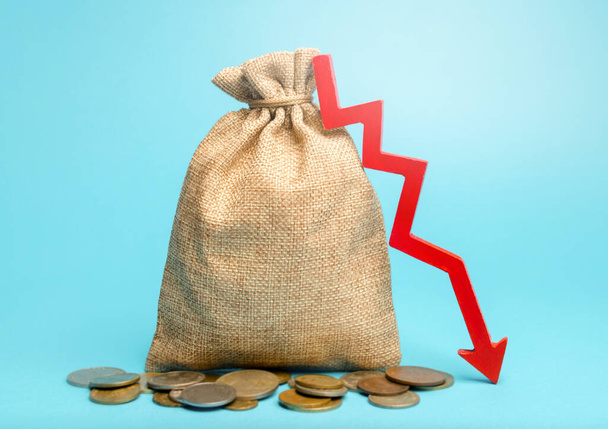 Money bag and red arrow down. Economic difficulties. Stagnation, declining business activity, falling wealth. Capital flight, high risks. Costs expenses. Crisis, loss savings. Recession. GDP. - Foto, imagen