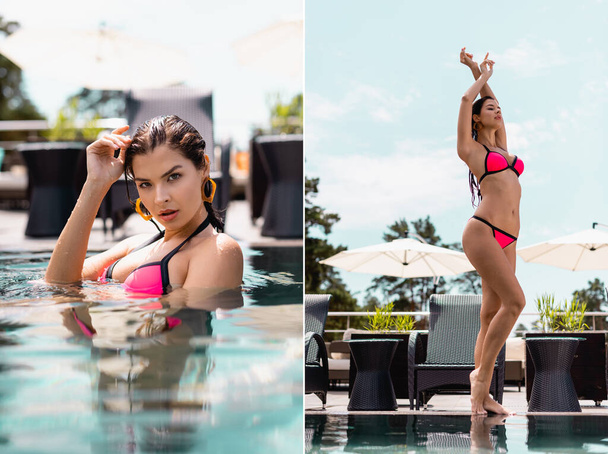 collage di donna scalza in costume da bagno in piedi e nuoto in piscina  - Foto, immagini