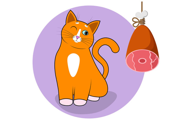 A cute cartoon red cat, kitty sits with narrowed eyes and happy face, muzzle next to the hanging ham. Food for cats and pets. Cat with long mustache, sharp ears and long tail. Vector for pets shop - Vector, Image