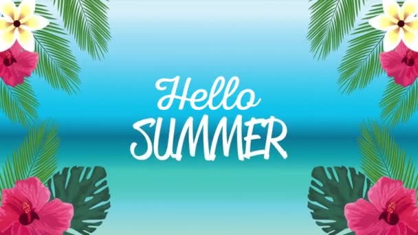 hello summer holiday poster with lettering in tropical flowers and leafs - Footage, Video