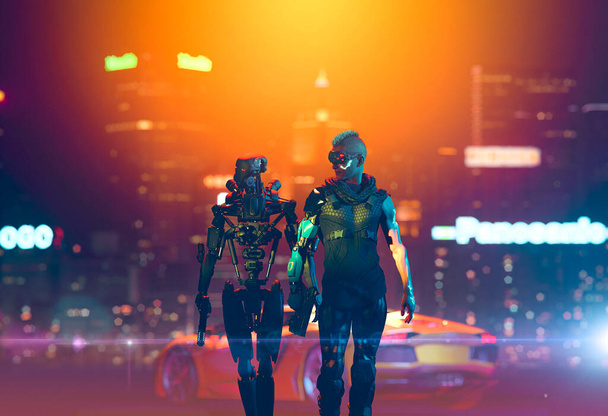 cyberpunk couple walking on a futuristic city at night -  RIMINI - Italy 26 JUNE 2020 - 3D rendering - concept art - Photo, image
