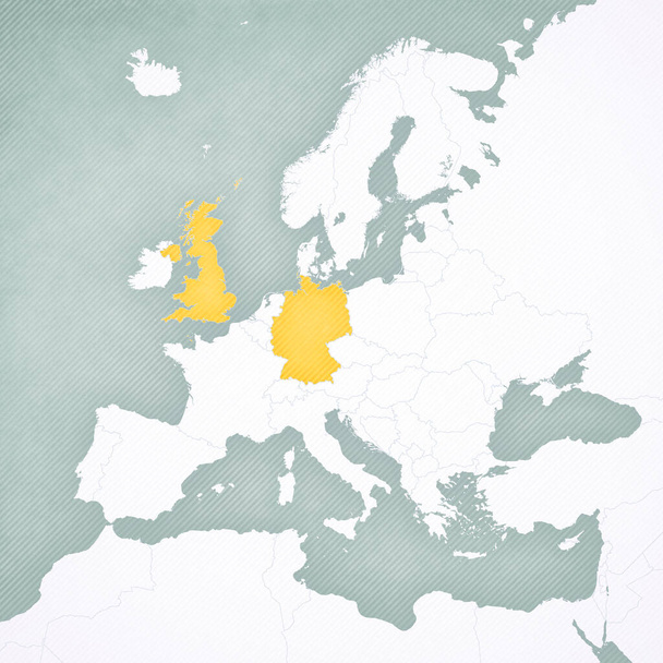 Reino Unido y Alemania en el mapa de Europa con un fondo vintage suavemente rayado
.  - Foto, imagen