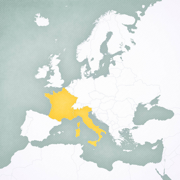 Франция и Италия на карте Европы с мягко полосатым винтажным фоном
.  - Фото, изображение