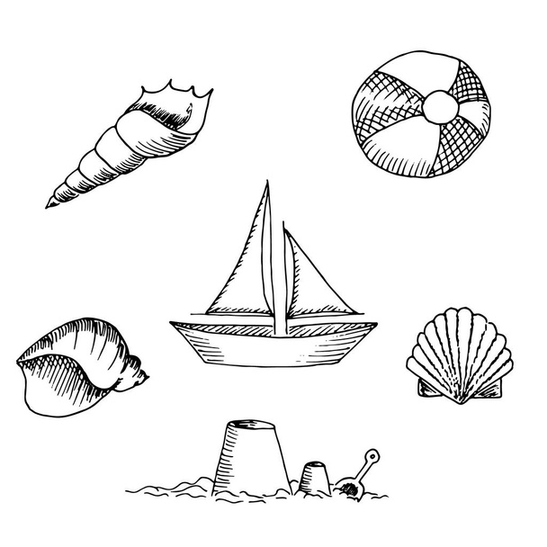Set di giocattoli per bambini per giocare sulla spiaggia. Seashell, palla a strisce gonfiabile, nave, barca, forme di sabbia per la costruzione del castello. Illustrazione dello schizzo vettoriale disegnato a mano nel contorno del doosle. Viaggi estivi - Vettoriali, immagini