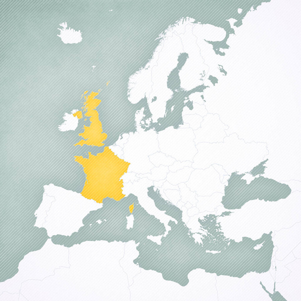 Reino Unido y Francia en el mapa de Europa con un fondo vintage suavemente rayado
.  - Foto, imagen