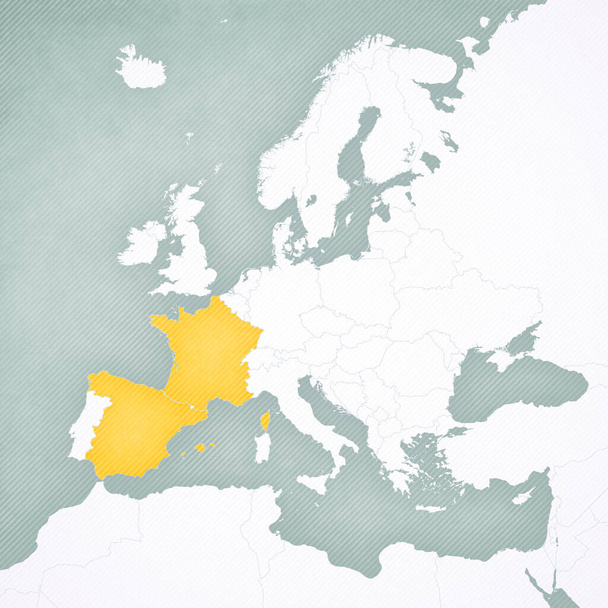 Frankreich und Spanien auf der Europakarte mit sanft gestreiftem Vintage-Hintergrund.  - Foto, Bild