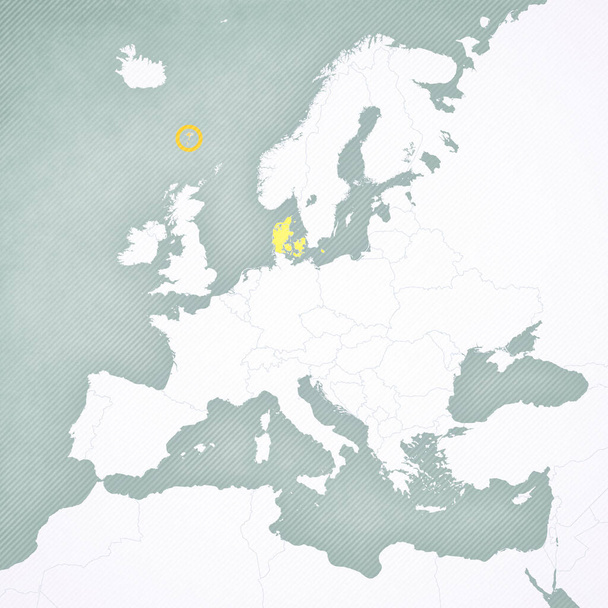 ヨーロッパ地図上のデンマークとフェロー諸島は、柔らかく縞模様のヴィンテージの背景を持つ.  - 写真・画像