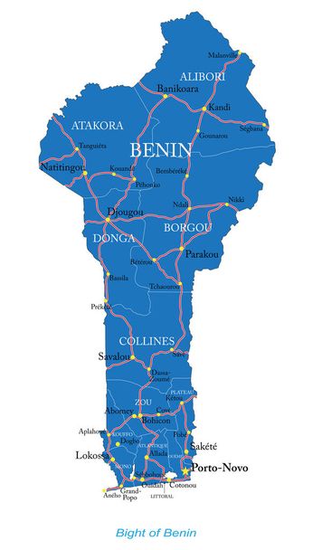 Высоко детальная векторная карта Бенина с провинциями, основными городами и дорогами
. - Вектор,изображение