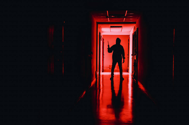 murder, kill and people concept - Criminal or murderer wearing a mask in silhouette holding knife inside a condo at crime scene - Fotografie, Obrázek