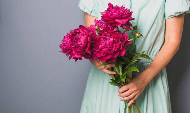 A woman in a beautiful dress holds in her hands a large bouquet of burgundy red peonies on a gray background. Horizontal frame selective focus copy space - Photo, image