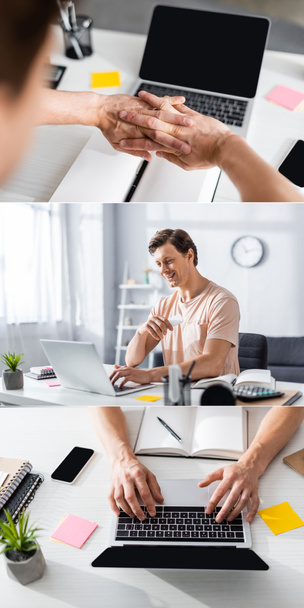 Collage eines lächelnden Freelancers, der auf Laptop schaut, Hände vor dem Gerät ausstreckt, auf Laptop tippt, Online-Konzept verdient - Foto, Bild