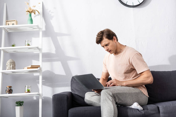 Focused teleworker using laptop on couch in living room, earning online concept - Foto, Imagem