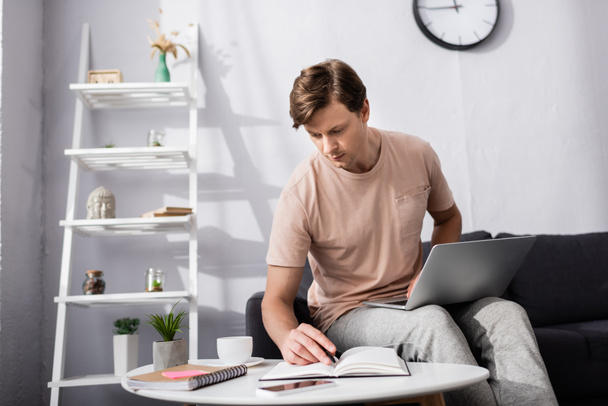 Foco seletivo de freelancer escrevendo no notebook e usando laptop enquanto trabalhava em casa, ganhando conceito online
 - Foto, Imagem