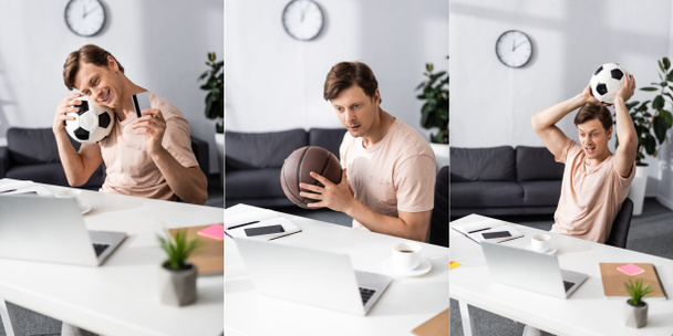Collage of cheerful freelancer holding basketball and football balls and credit card near gadgets on table, earning online concept - Photo, Image