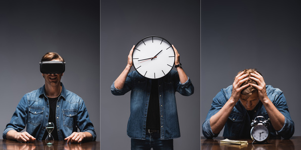 Колаж людини тримає годинник біля обличчя, використовуючи гарнітуру vr біля пісочного годинника і сидячи поруч з будильником і готівкою на столі на сірому фоні
 - Фото, зображення