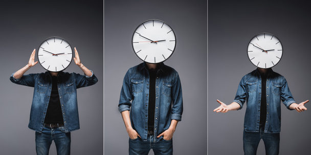 Collage of man with clock on head gesturing on grey background, concept of time management  - Photo, Image