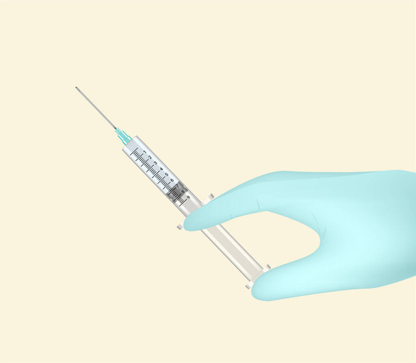 Inyección de vacunas con la mano y guantes médicos para la ciencia en la ilustración de fondo. Diseño del concepto de atención médica
 - Vector, imagen