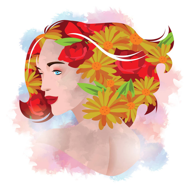 girl with a wreath of flowers and a bouquet of lilies - Вектор,изображение