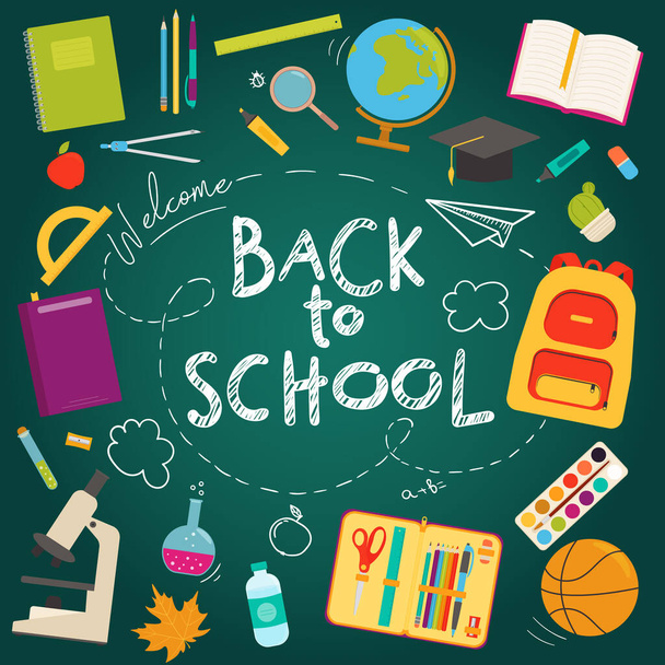 Back to school banner flat icon set on a school blackboard background. - Vector, Image