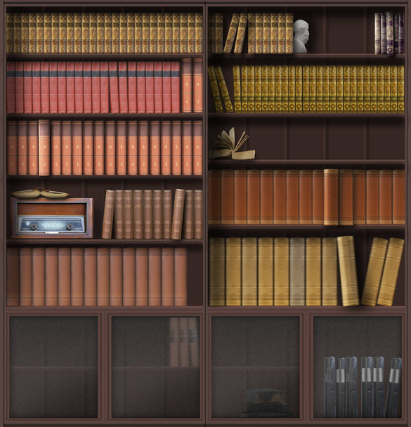 Libreria tradizionale con libri d'epoca e radio. Armadi con ante in vetro sul fondo. Progettazione 3d.  - Foto, immagini
