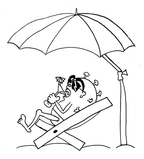 Coronavirus (Covid-19) yaz günlerinde bile saldırır. Şemsiyenin gölgesinde Corona kokteyl ve güneş gözlükleriyle eğleniyor. - Vektör, Görsel