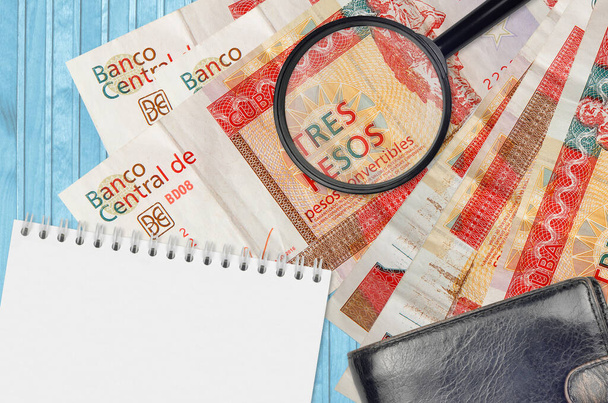 3 pesos cubani banconote convertibili e lente d'ingrandimento con borsellino e blocco note nero. Concetto di moneta falsa. Ricerca di differenze nei dettagli sulle banconote per rilevare il denaro falso - Foto, immagini