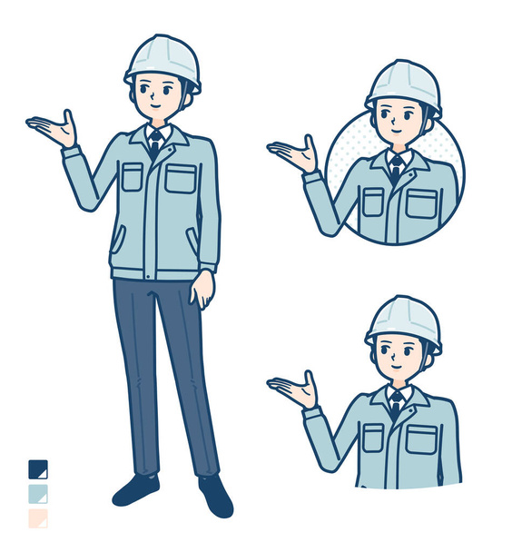 A Man wearing workwear with Explanation image - Vettoriali, immagini
