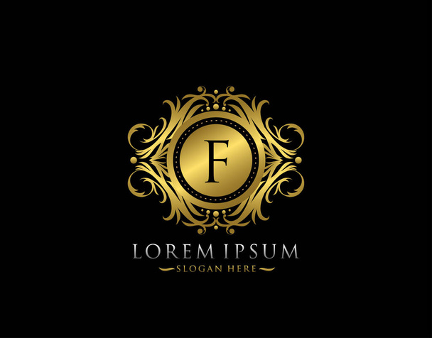 Logo Royal Boutique F Letter. Design élégant d'insigne de cercle d'or pour la boutique, timbre-lettre, logo de mariage, hôtel, héraldique, bijoux. - Vecteur, image